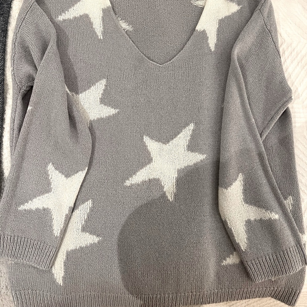 Peach love, grey and white star long sleeve sweater.